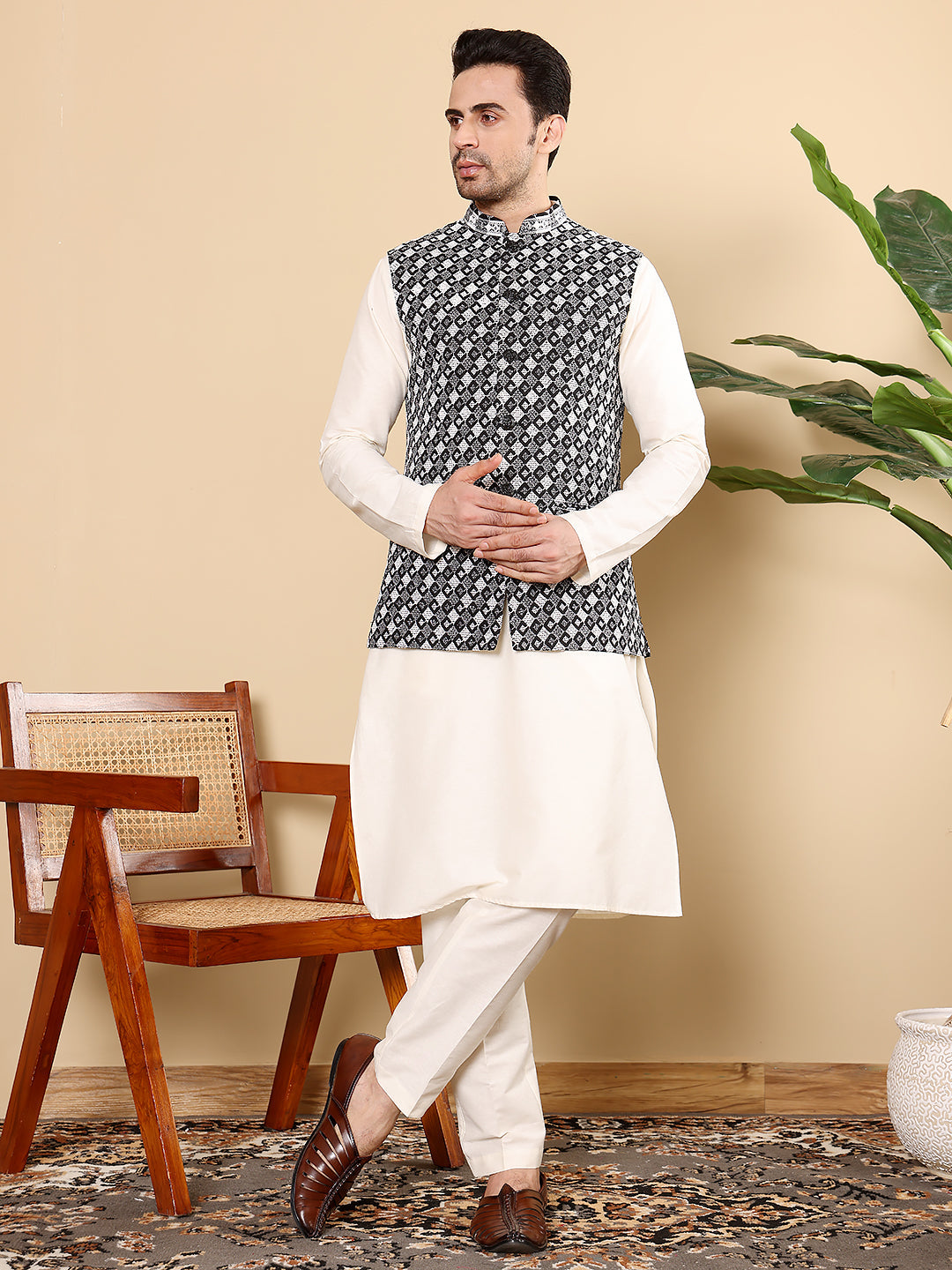 Silk Men's Woven Design Black and White Embroidered Nehru Jacket | SHOBITAM
