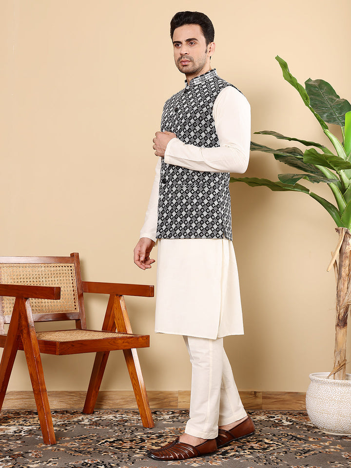 Silk Men's Woven Design Black and White Embroidered Nehru Jacket | SHOBITAM
