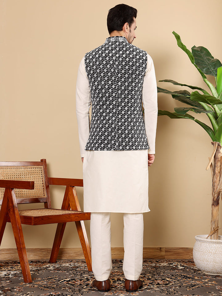 Silk Men's Woven Design Black and White Embroidered Nehru Jacket | SHOBITAM