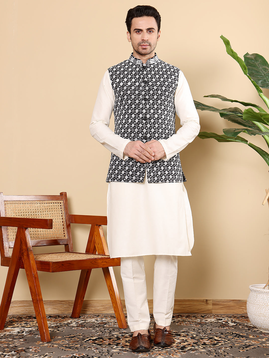 Silk Men's Woven Design Black and White Embroidered Nehru Jacket | SHOBITAM
