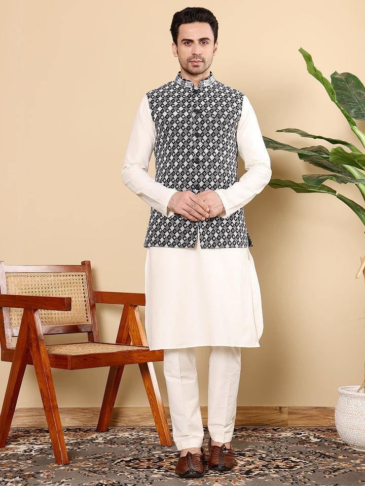 Silk Men's Woven Design Black and White Embroidered Nehru Jacket | SHOBITAM