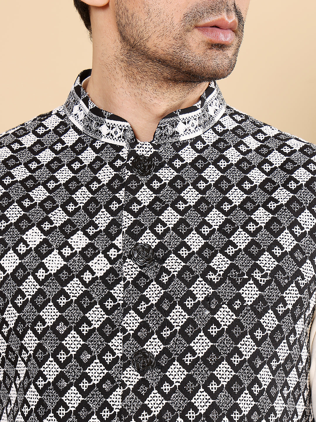 Silk Men's Woven Design Black and White Embroidered Nehru Jacket | SHOBITAM