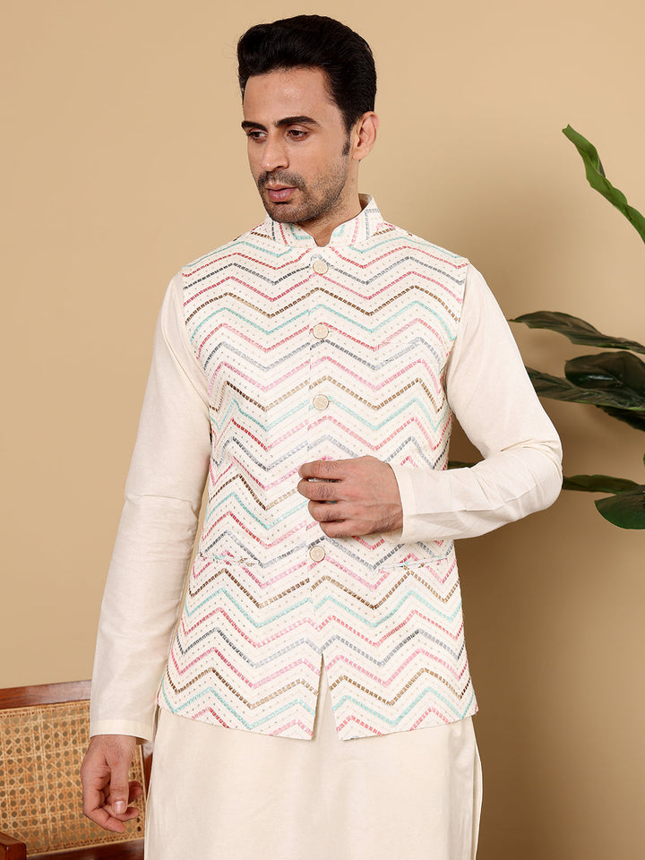 Men's Woven Design White Embroidered Nehru Jacket | SHOBITAM