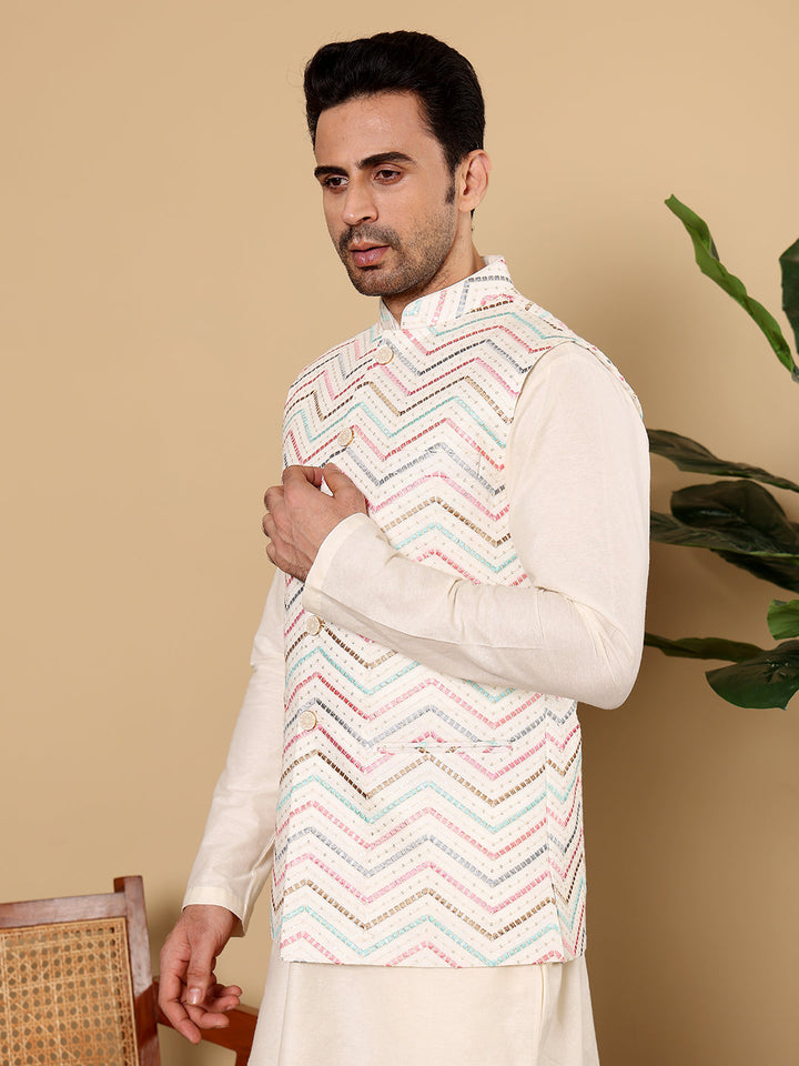 Men's Woven Design White Embroidered Nehru Jacket | SHOBITAM