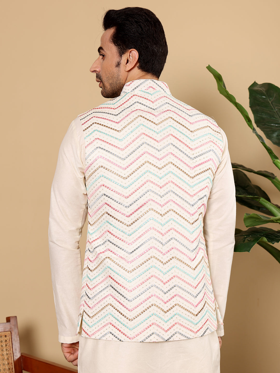Men's Woven Design White Embroidered Nehru Jacket | SHOBITAM