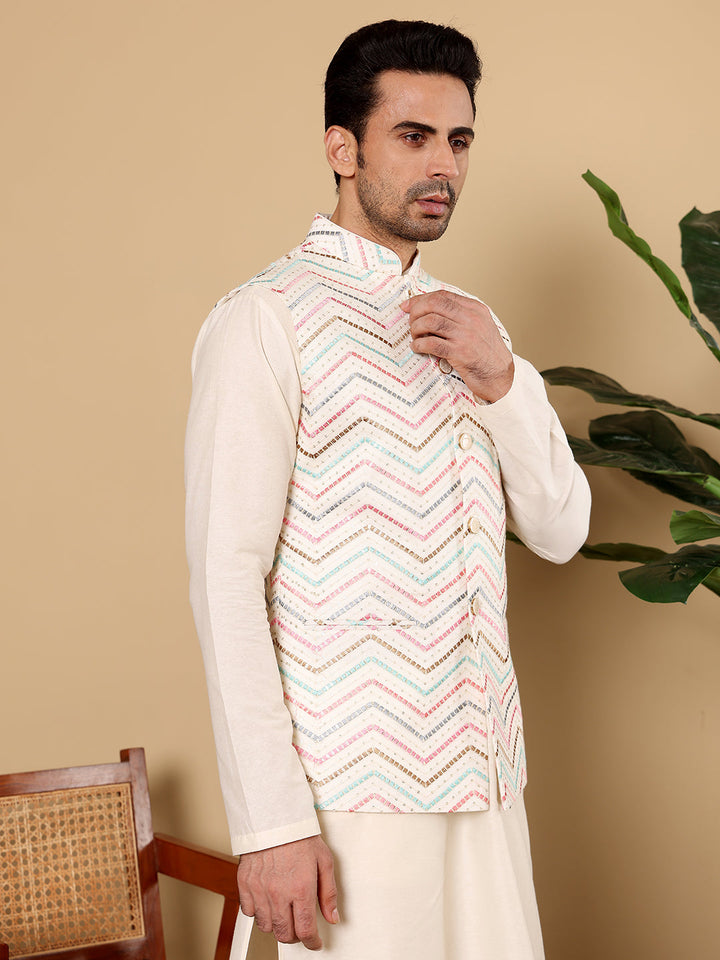 Men's Woven Design White Embroidered Nehru Jacket | SHOBITAM