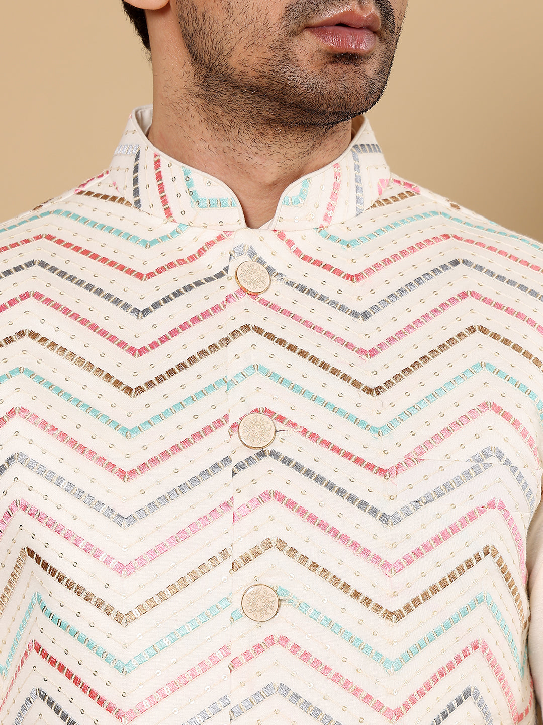Men's Woven Design White Embroidered Nehru Jacket | SHOBITAM