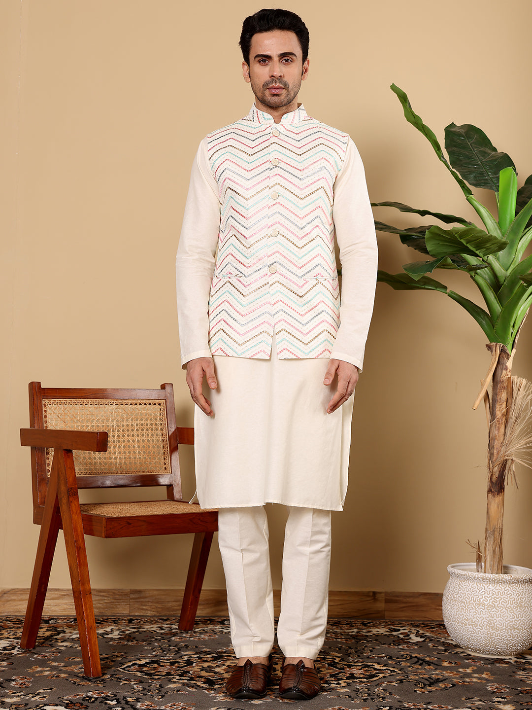 Men's Woven Design White Embroidered Nehru Jacket | SHOBITAM