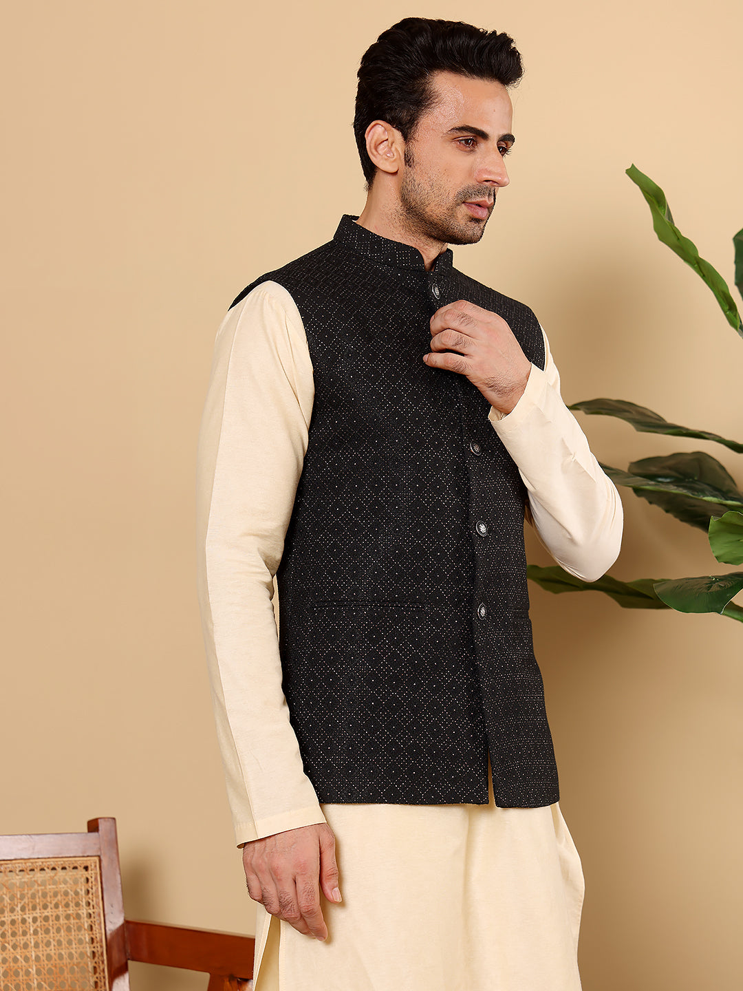 Men's Woven Design Black Embroidered Nehru Jacket | SHOBITAM