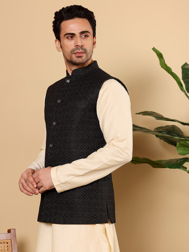 Men's Woven Design Black Embroidered Nehru Jacket | SHOBITAM