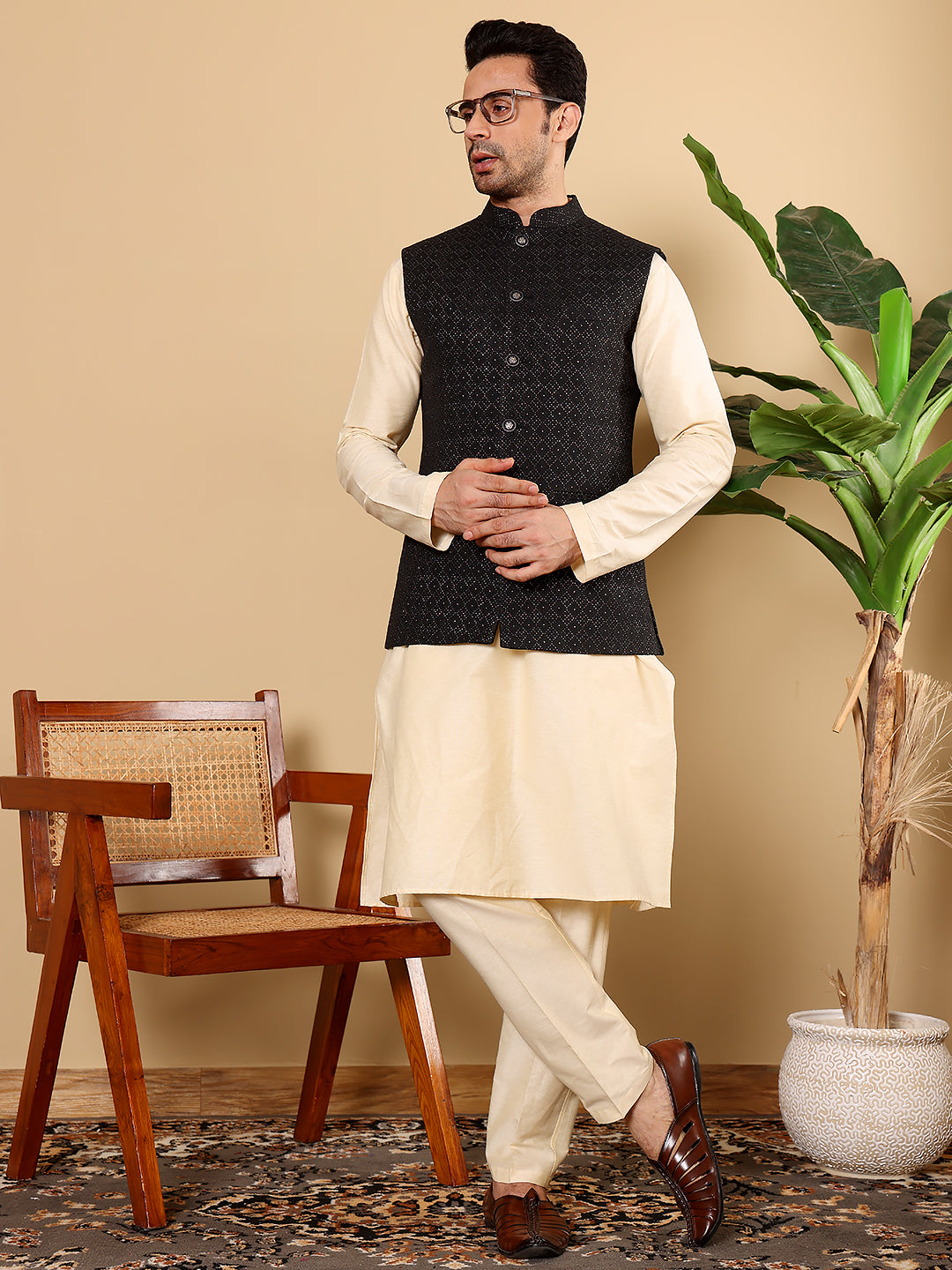 Men's Woven Design Black Embroidered Nehru Jacket | SHOBITAM