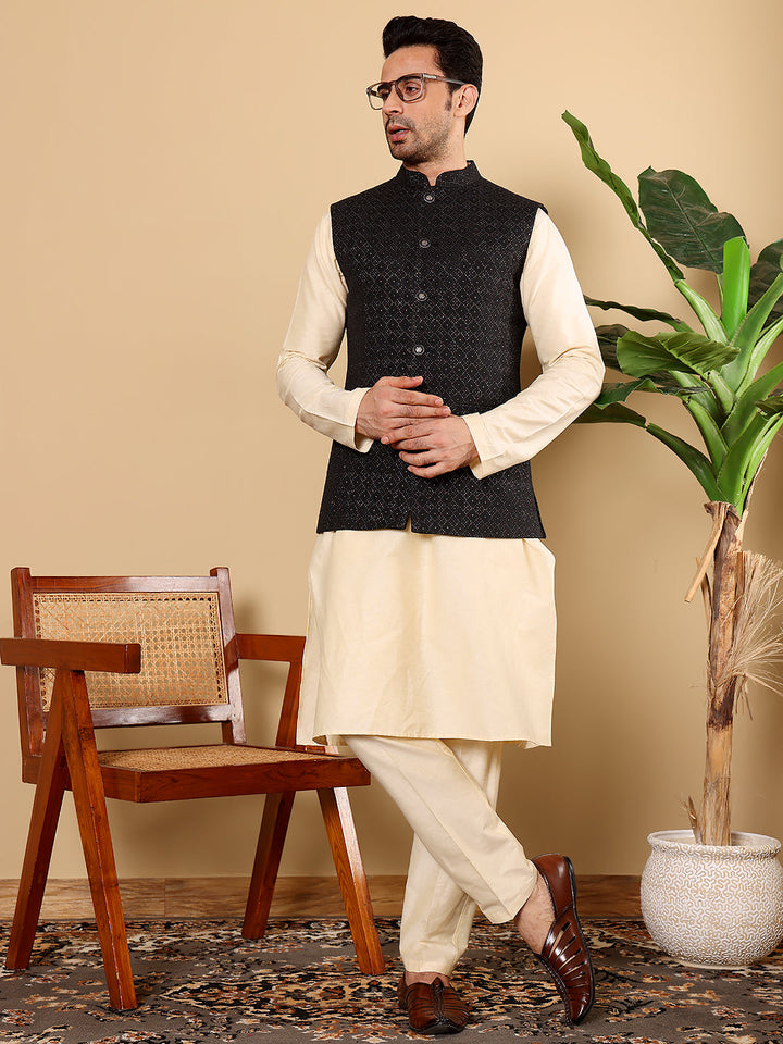 Men's Woven Design Black Embroidered Nehru Jacket | SHOBITAM