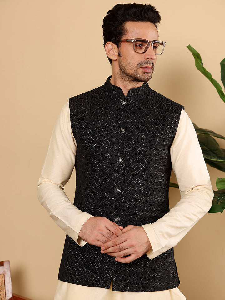 Men's Woven Design Black Embroidered Nehru Jacket | SHOBITAM