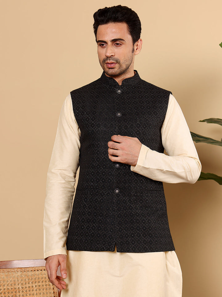 Men's Woven Design Black Embroidered Nehru Jacket | SHOBITAM