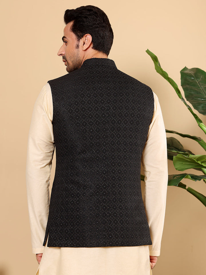 Men's Woven Design Black Embroidered Nehru Jacket | SHOBITAM