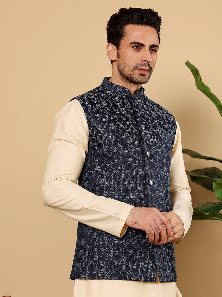 Men's Woven Design Blue Embroidered Nehru Jacket | SHOBITAM