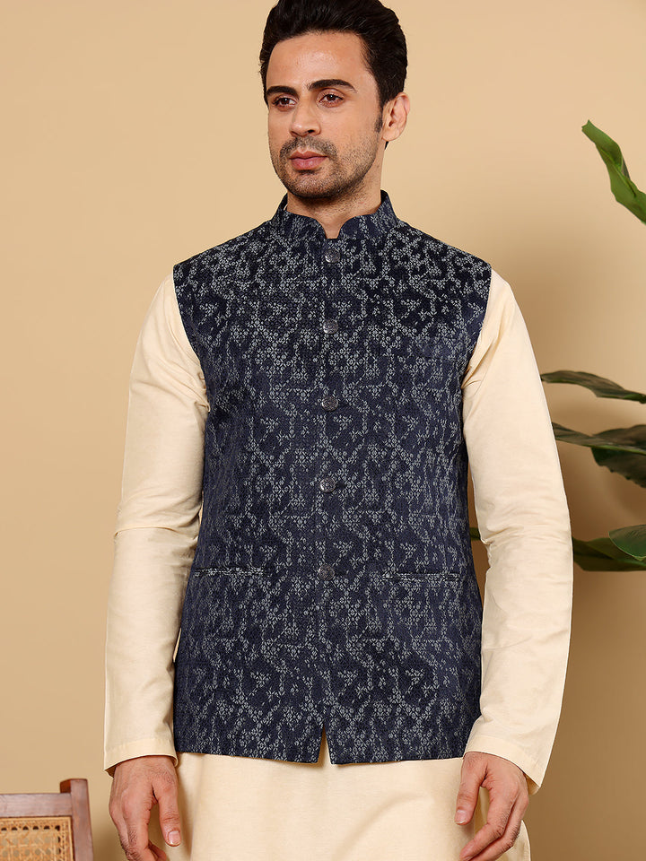 Men's Woven Design Blue Embroidered Nehru Jacket | SHOBITAM