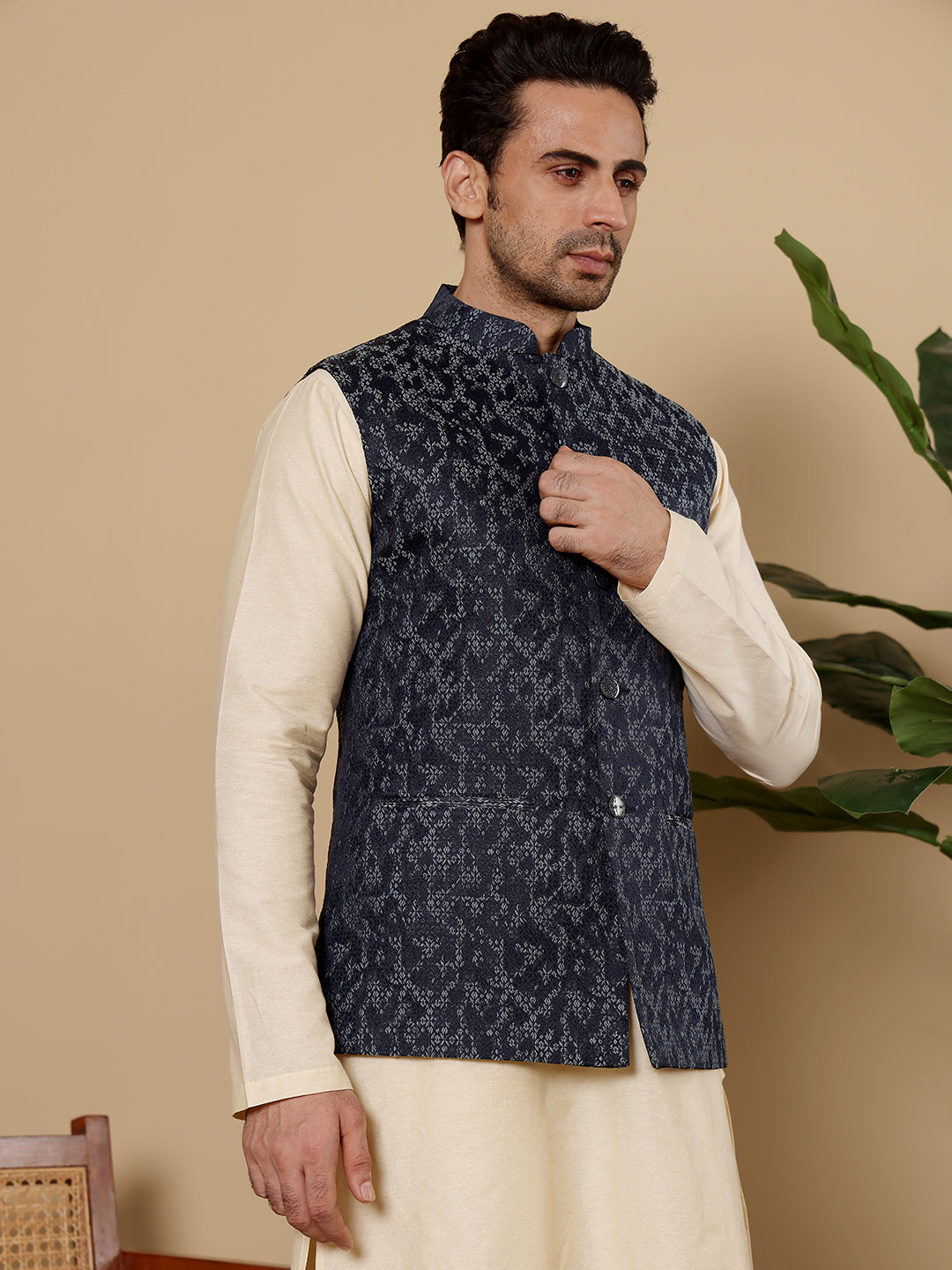 Men's Woven Design Blue Embroidered Nehru Jacket | SHOBITAM
