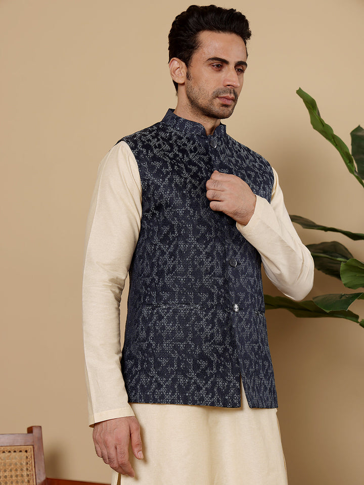 Men's Woven Design Blue Embroidered Nehru Jacket | SHOBITAM