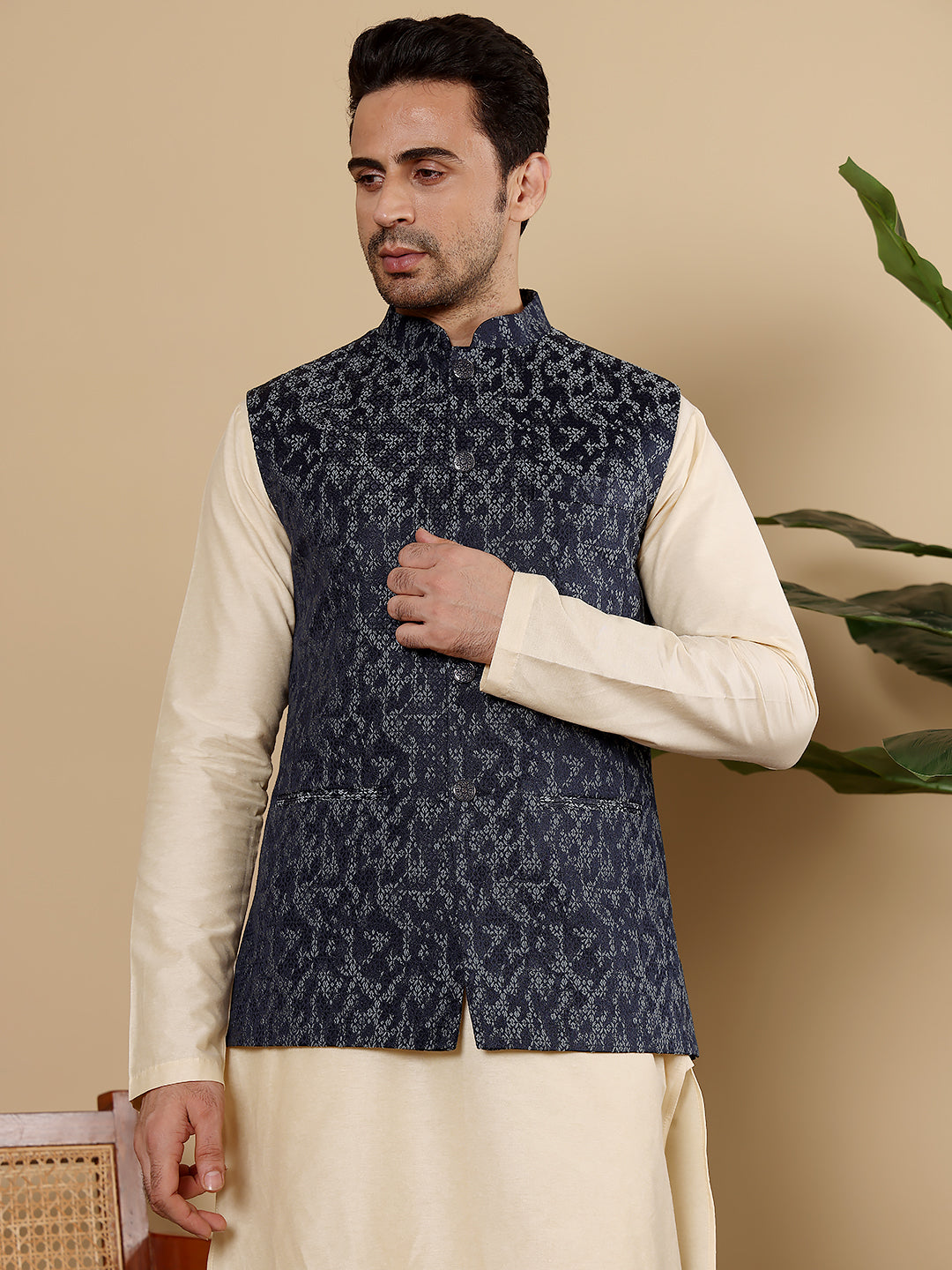 Men's Woven Design Blue Embroidered Nehru Jacket | SHOBITAM