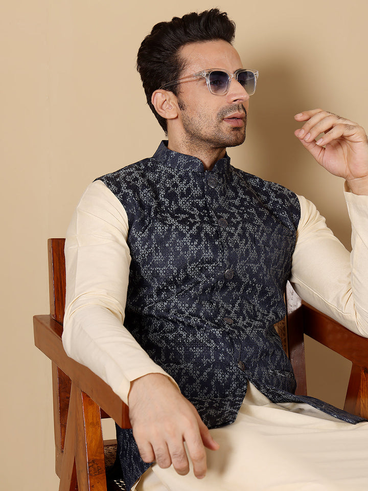 Men's Woven Design Blue Embroidered Nehru Jacket | SHOBITAM