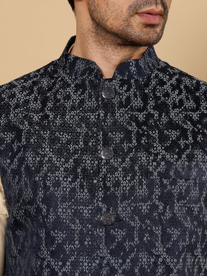 Men's Woven Design Blue Embroidered Nehru Jacket | SHOBITAM