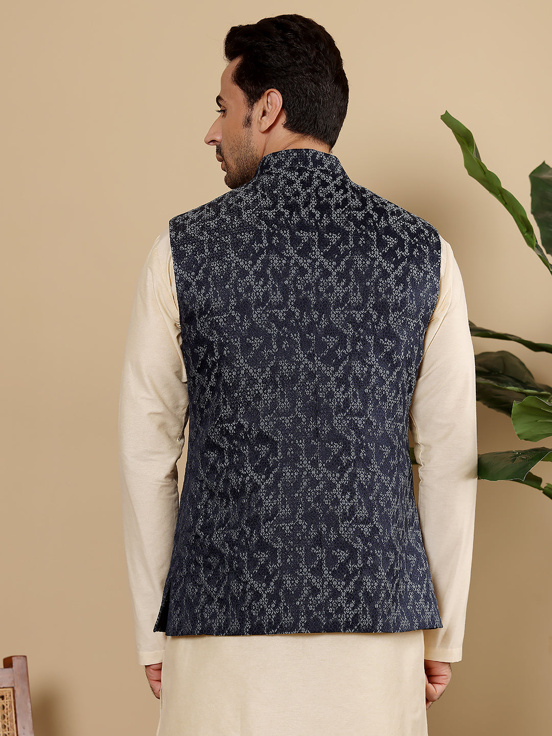 Men's Woven Design Blue Embroidered Nehru Jacket | SHOBITAM
