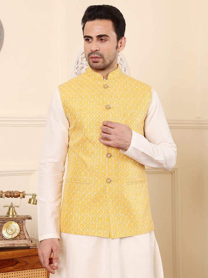 Men's Woven Design Yellow Embroidered Nehru Jacket | SHOBITAM