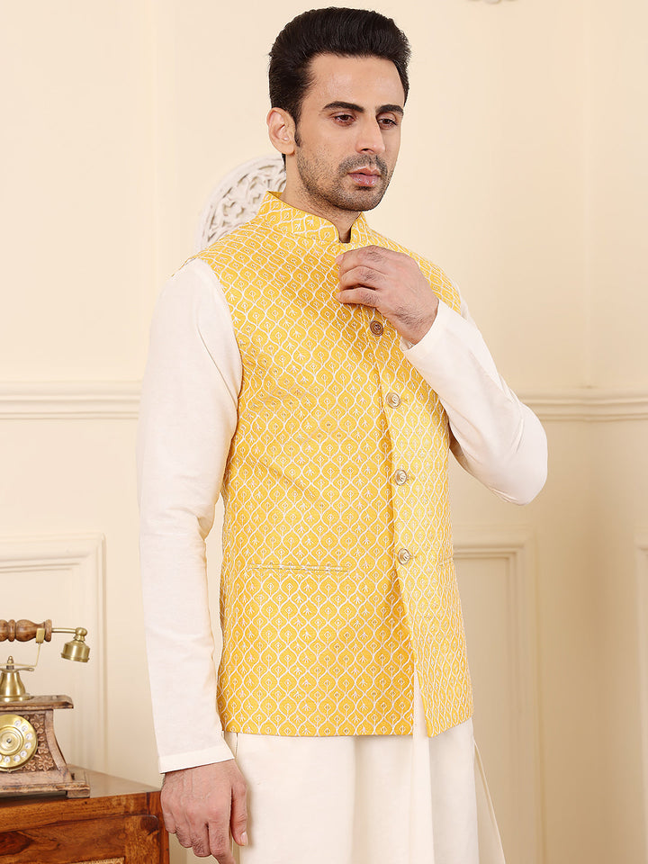 Men's Woven Design Yellow Embroidered Nehru Jacket | SHOBITAM