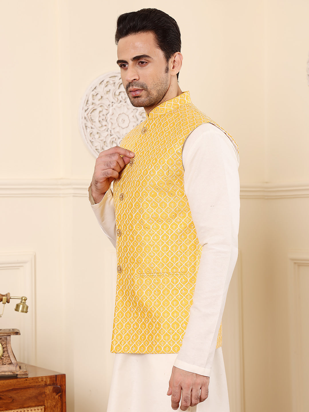 Men's Woven Design Yellow Embroidered Nehru Jacket | SHOBITAM