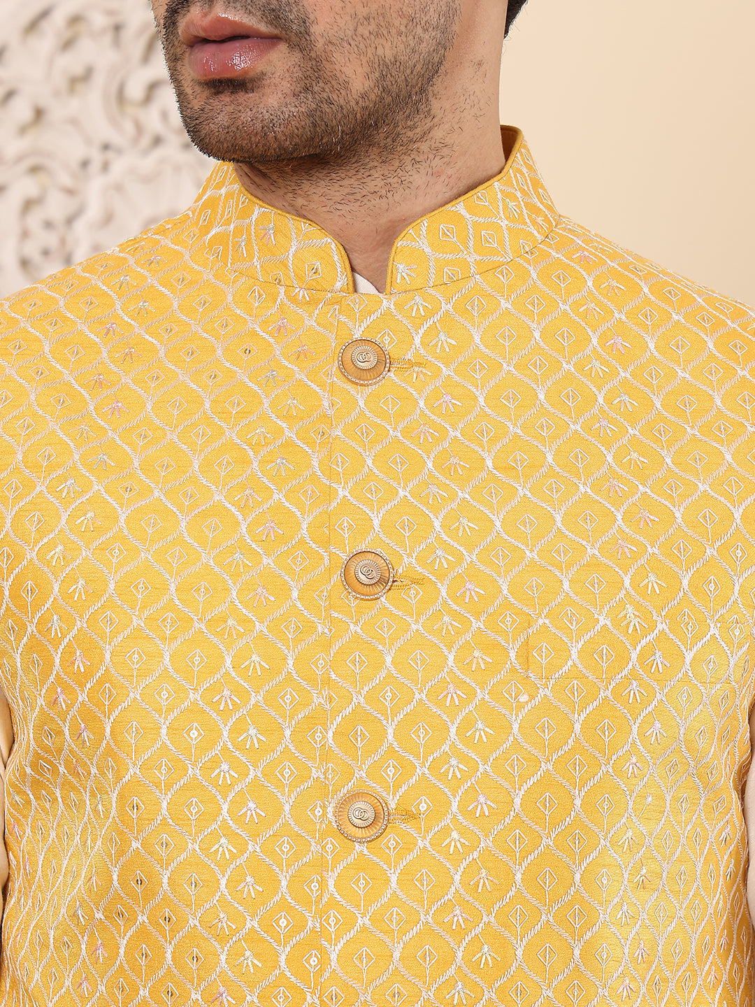 Men's Woven Design Yellow Embroidered Nehru Jacket | SHOBITAM