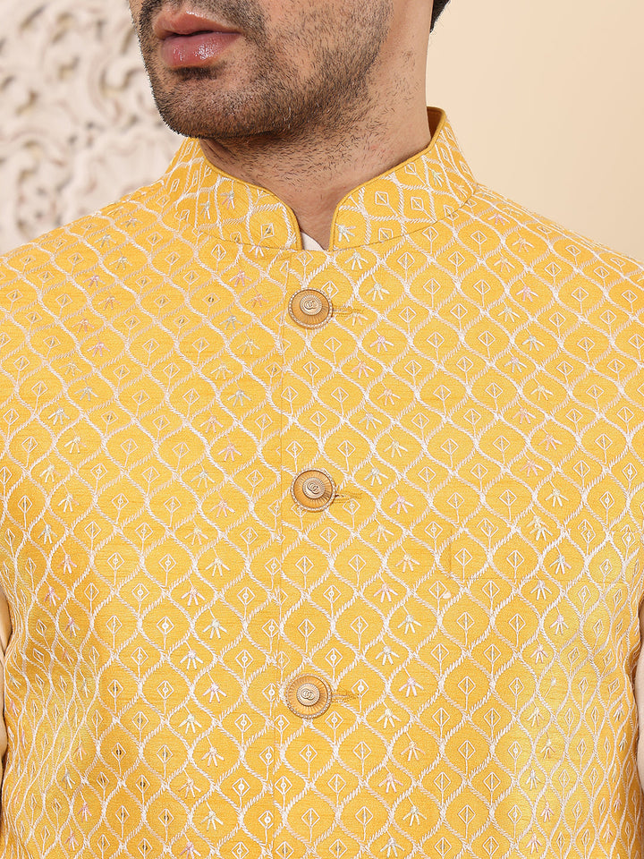 Men's Woven Design Yellow Embroidered Nehru Jacket | SHOBITAM