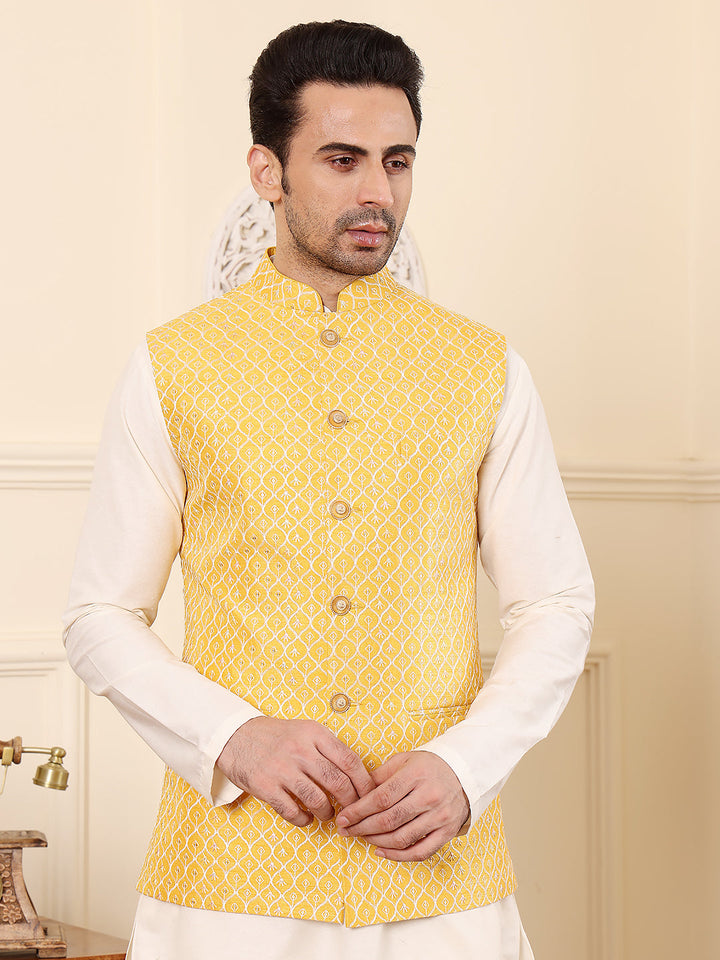 Men's Woven Design Yellow Embroidered Nehru Jacket | SHOBITAM