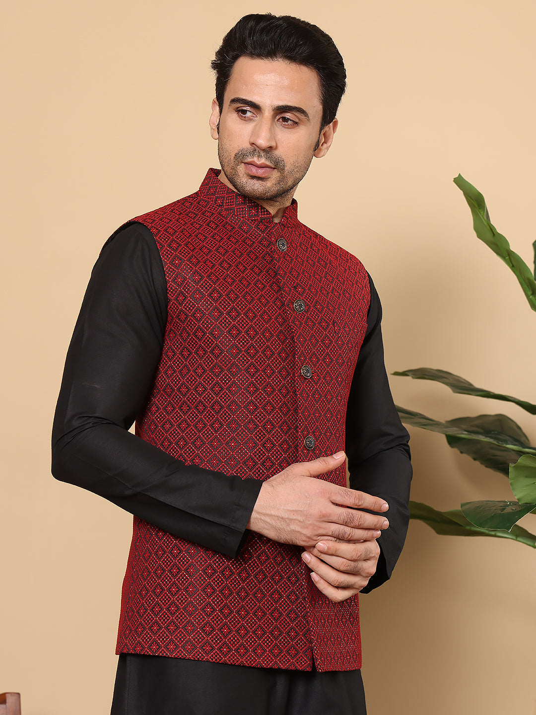 Men's Woven Design Black and Red Embroidered Nehru Jacket | SHOBITAM