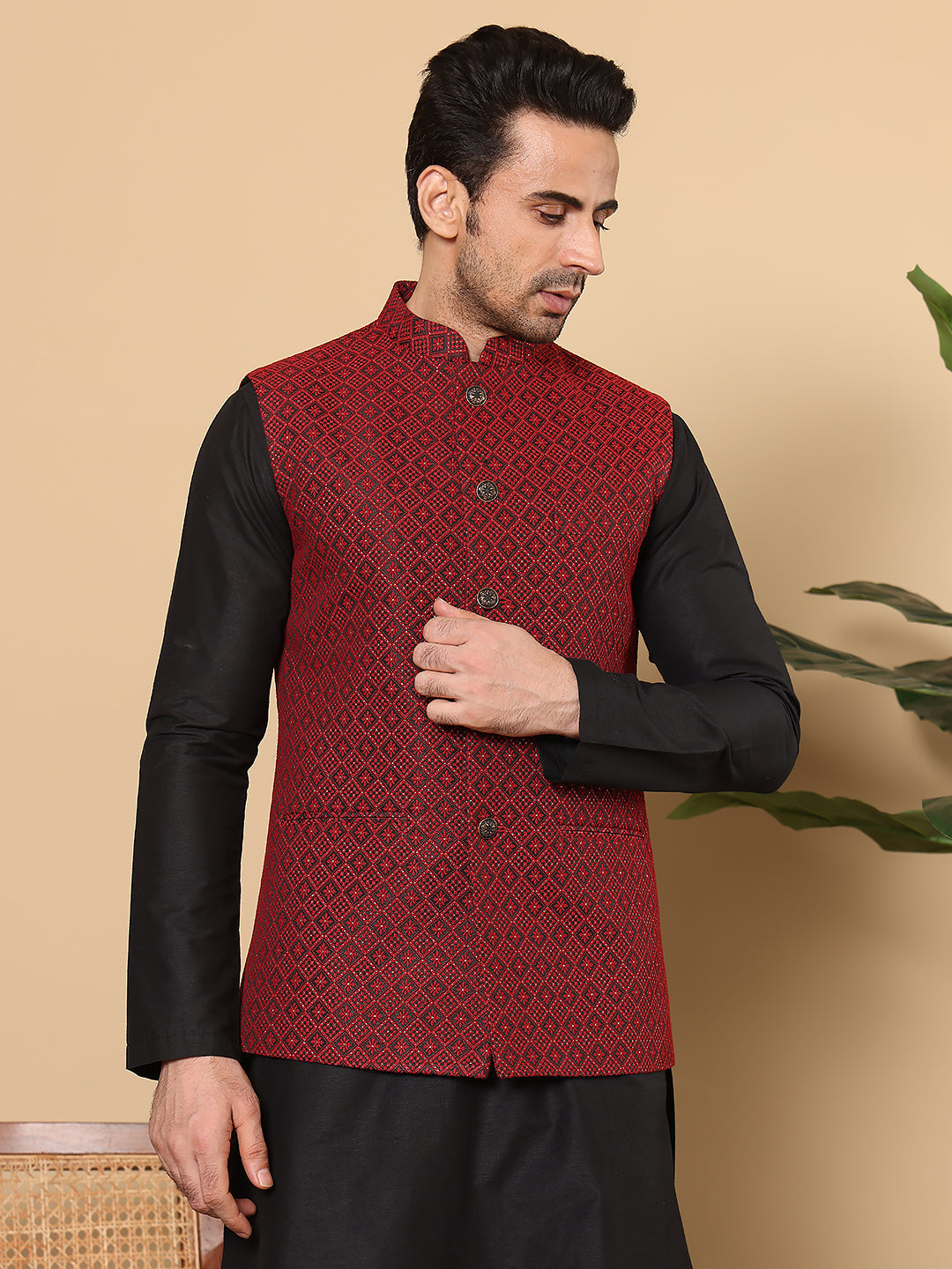 Men's Woven Design Black and Red Embroidered Nehru Jacket | SHOBITAM