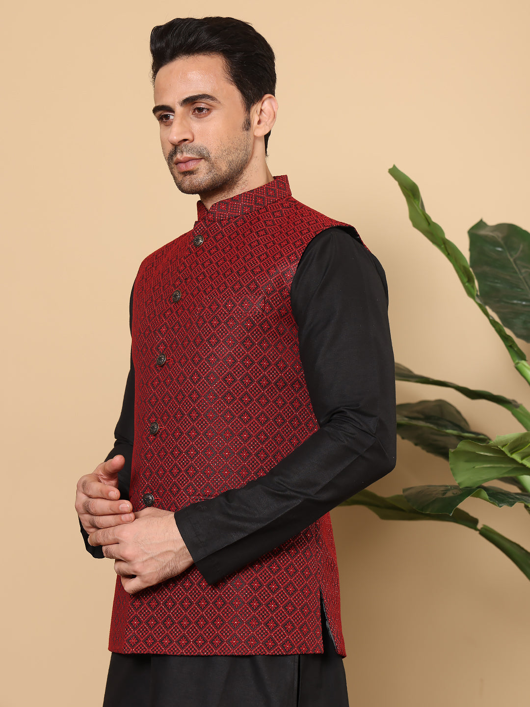 Men's Woven Design Black and Red Embroidered Nehru Jacket | SHOBITAM