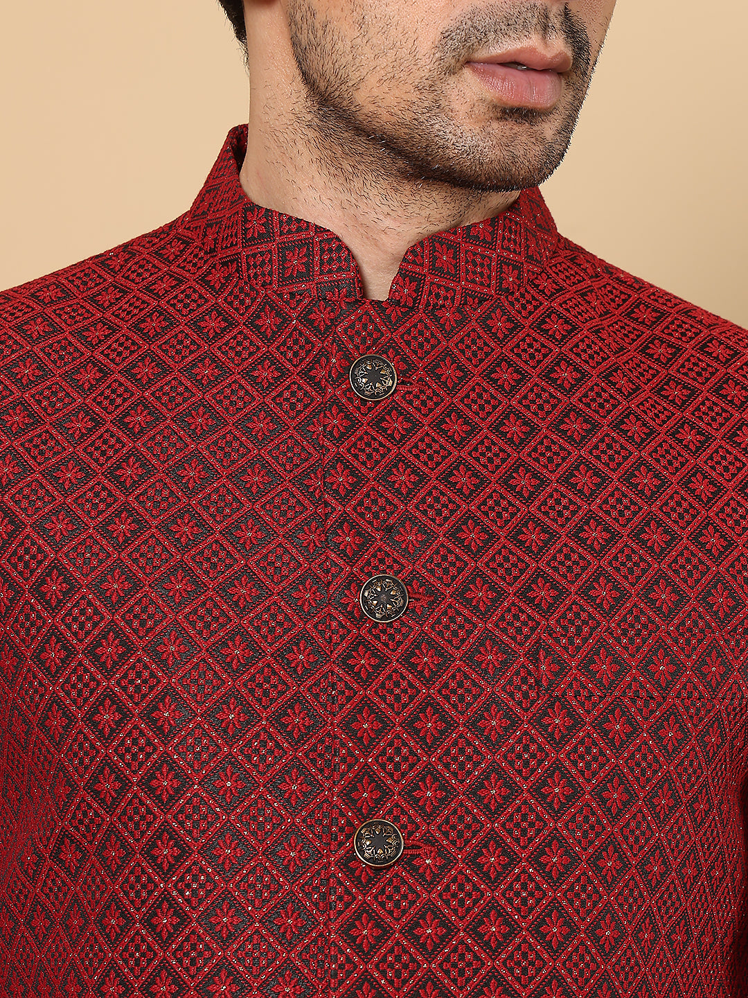 Men's Woven Design Black and Red Embroidered Nehru Jacket | SHOBITAM