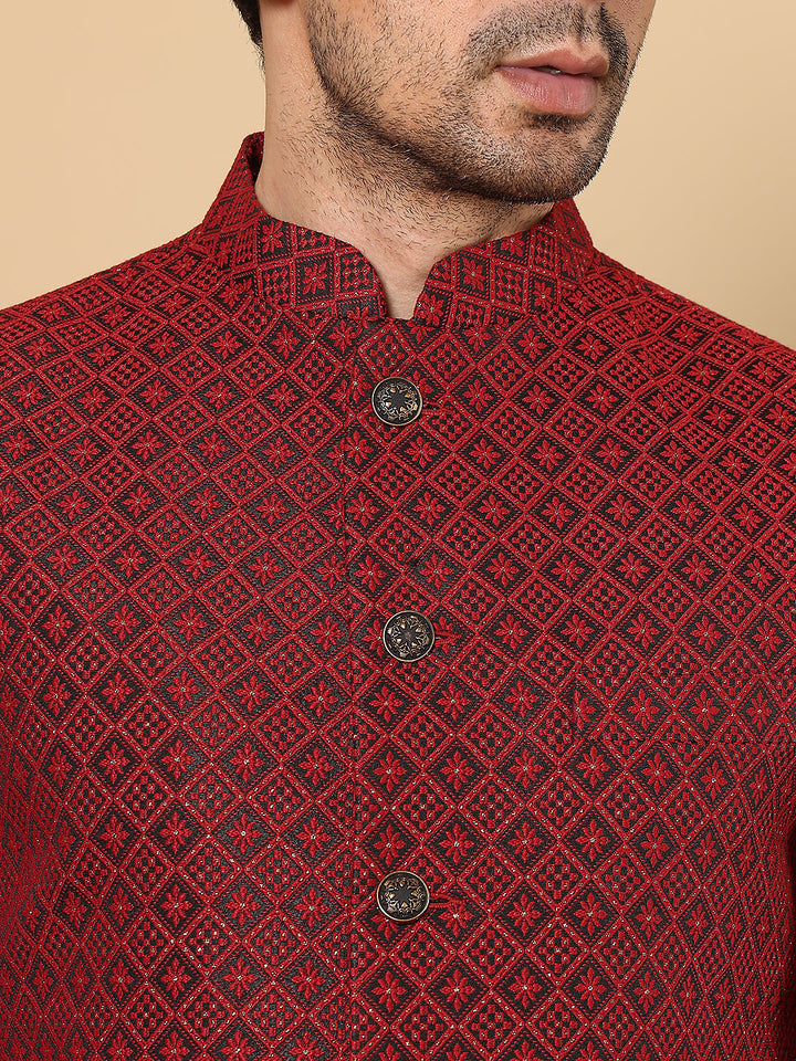 Men's Woven Design Black and Red Embroidered Nehru Jacket | SHOBITAM