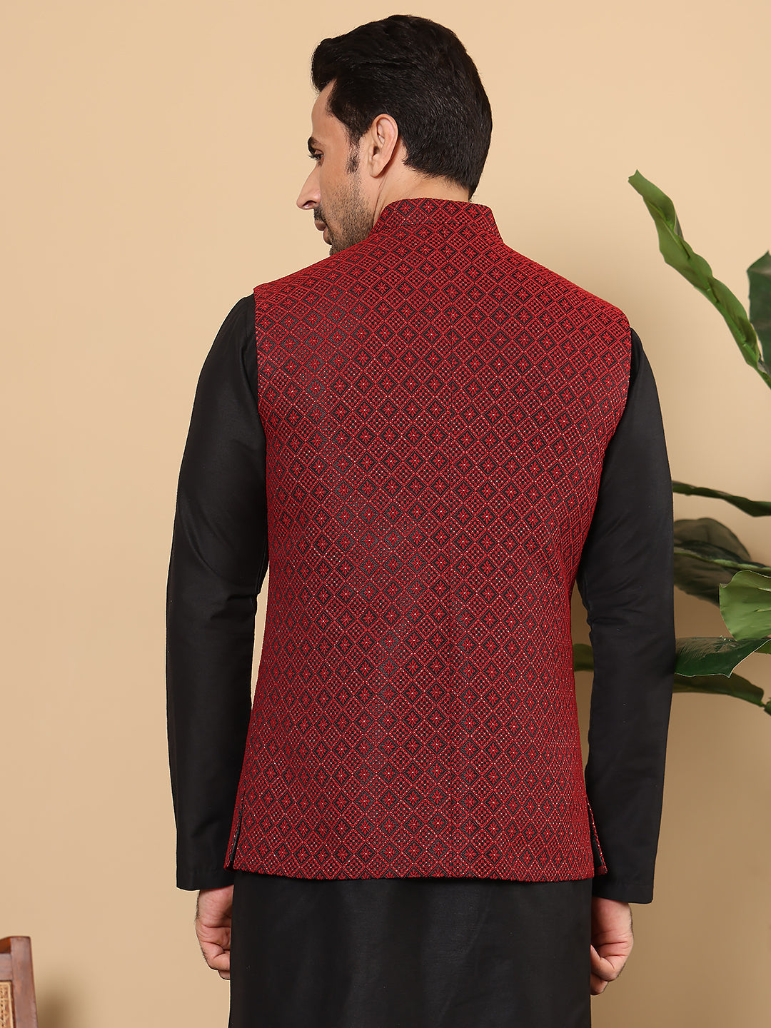 Men's Woven Design Black and Red Embroidered Nehru Jacket | SHOBITAM