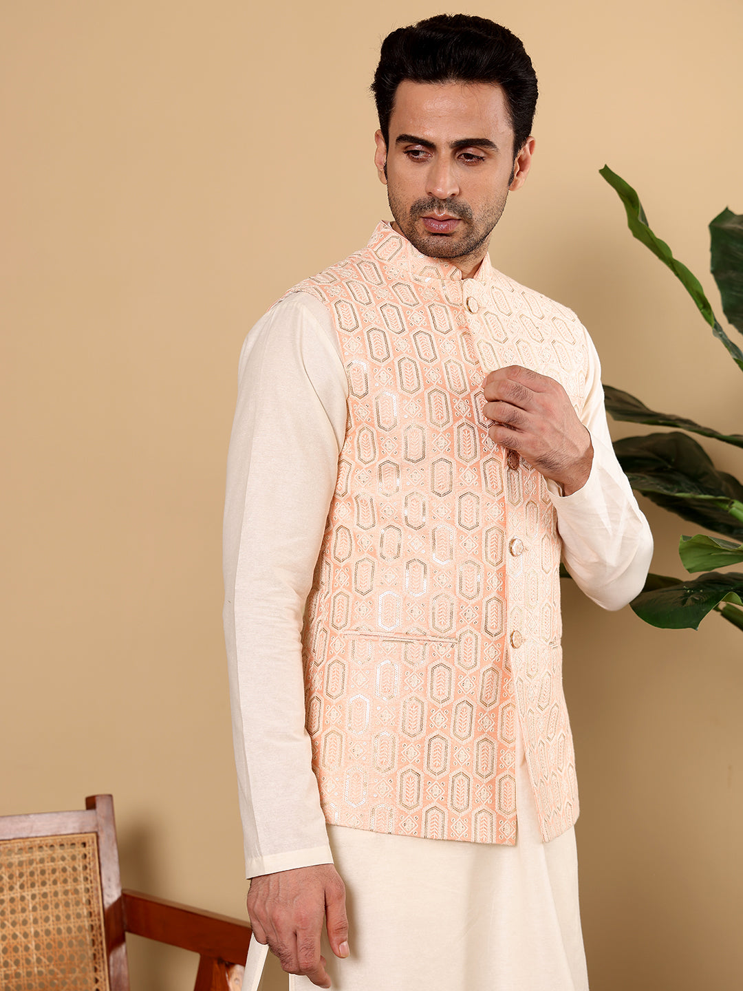 Men's Woven Design Light Pink Embroidered Nehru Jacket | SHOBITAM