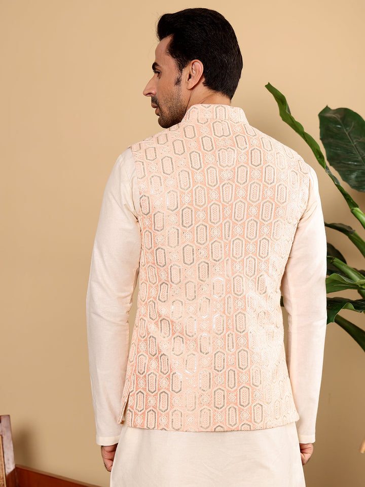 Men's Woven Design Light Pink Embroidered Nehru Jacket | SHOBITAM