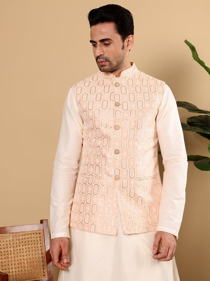 Men's Woven Design Light Pink Embroidered Nehru Jacket | SHOBITAM