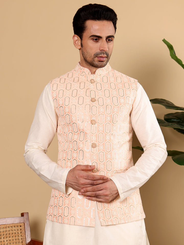 Men's Woven Design Light Pink Embroidered Nehru Jacket | SHOBITAM