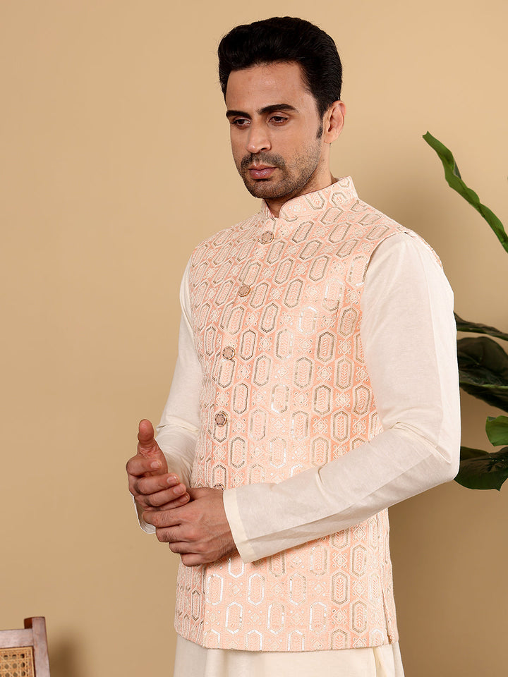 Men's Woven Design Light Pink Embroidered Nehru Jacket | SHOBITAM