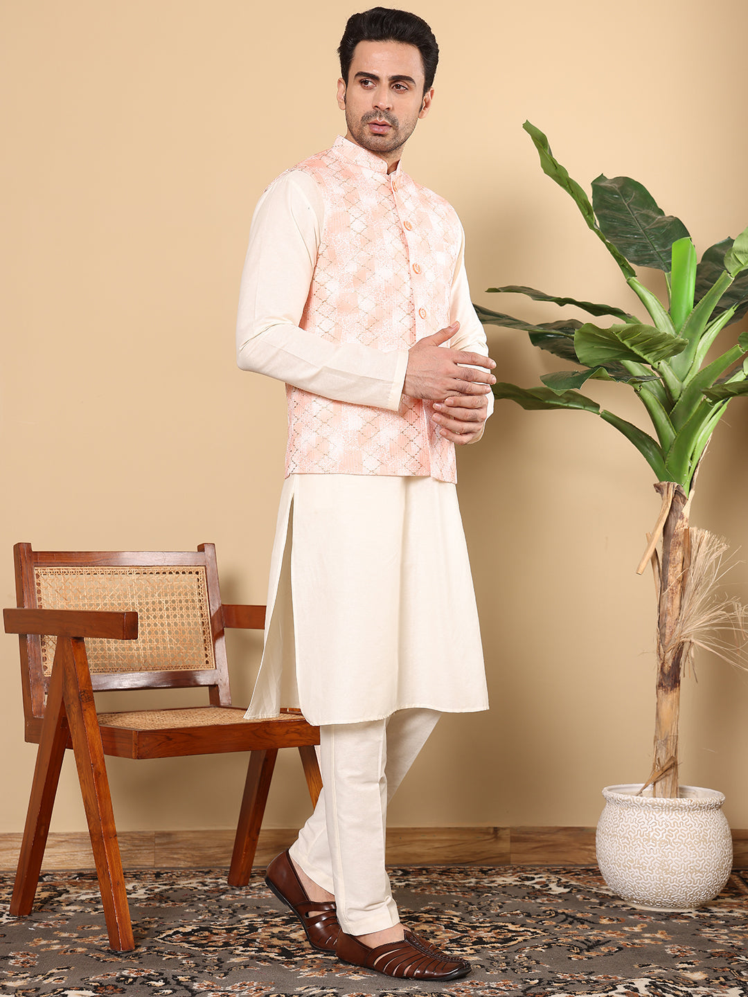 Silk Men's Woven Design Peach Embroidered Nehru Jacket | SHOBITAM