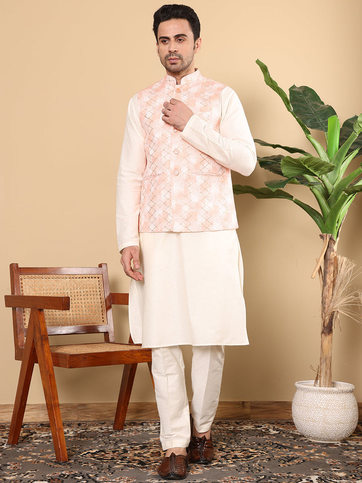 Silk Men's Woven Design Peach Embroidered Nehru Jacket | SHOBITAM
