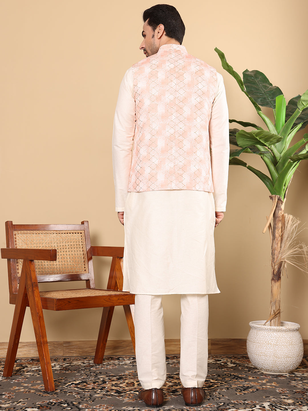 Silk Men's Woven Design Peach Embroidered Nehru Jacket | SHOBITAM