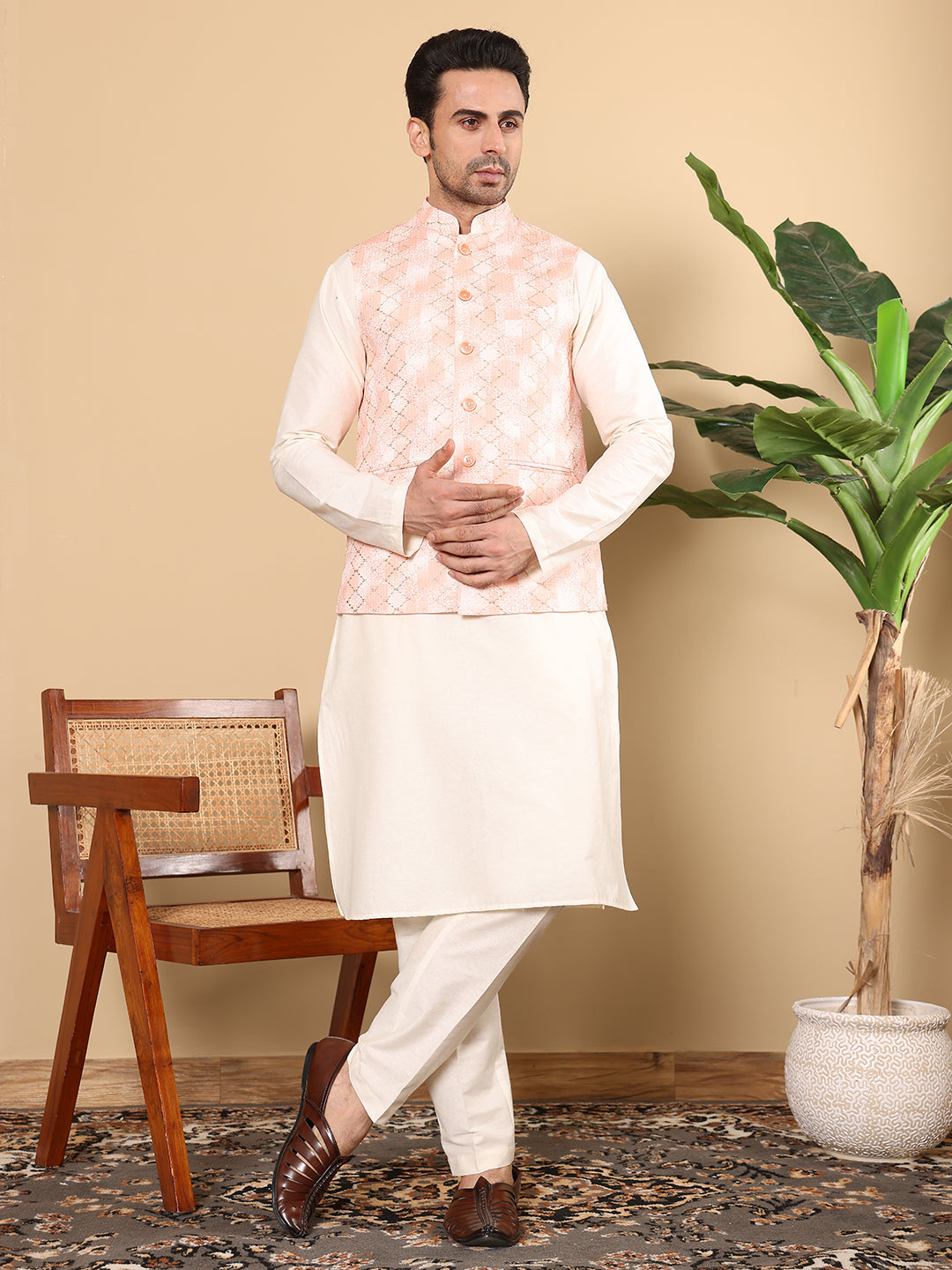 Silk Men's Woven Design Peach Embroidered Nehru Jacket | SHOBITAM