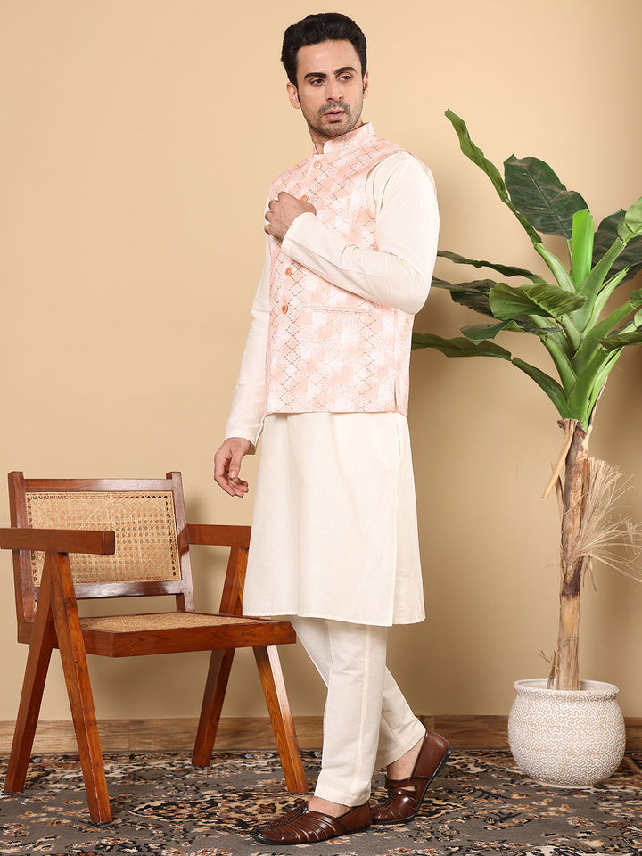 Silk Men's Woven Design Peach Embroidered Nehru Jacket | SHOBITAM