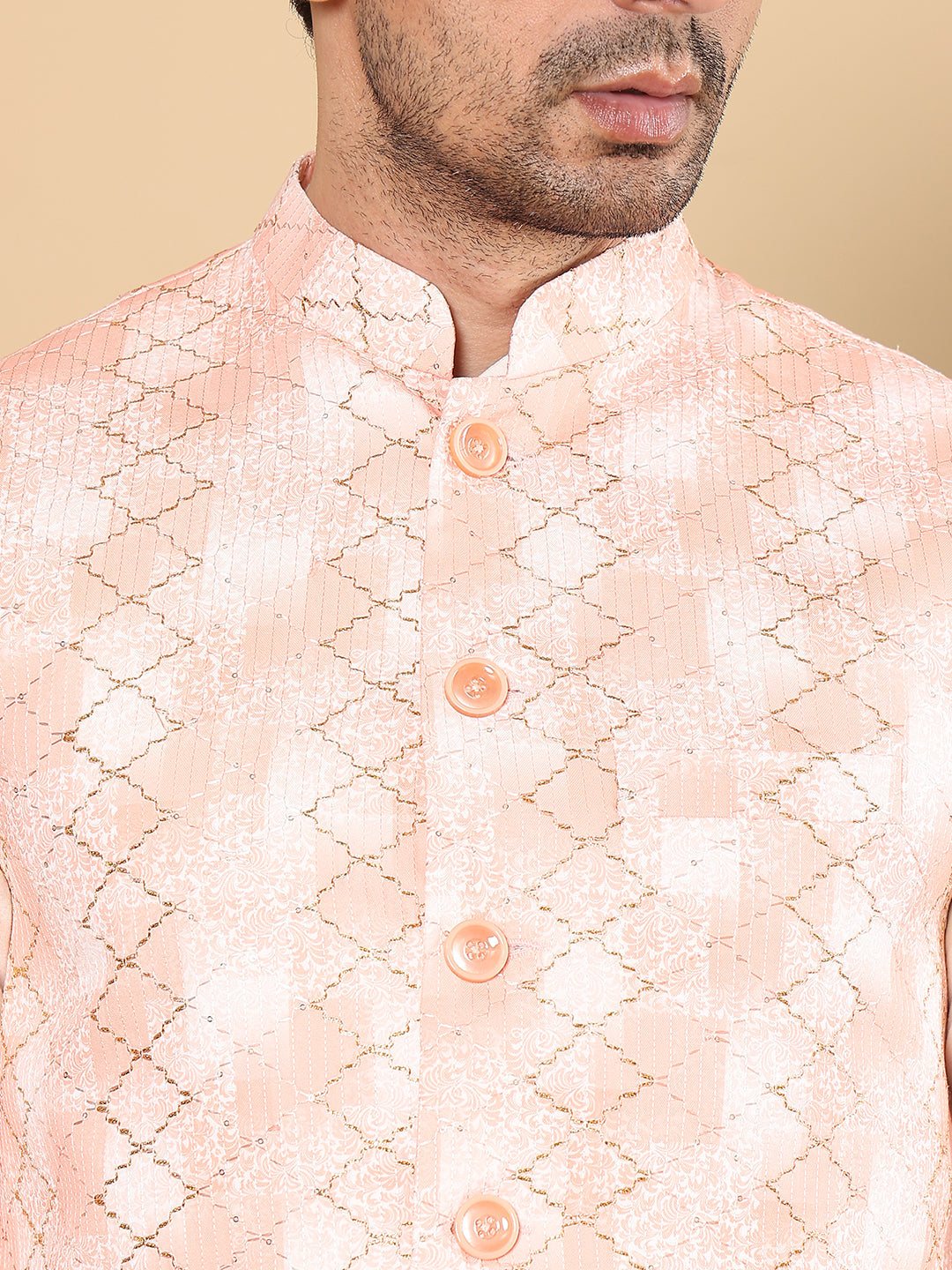 Silk Men's Woven Design Peach Embroidered Nehru Jacket | SHOBITAM